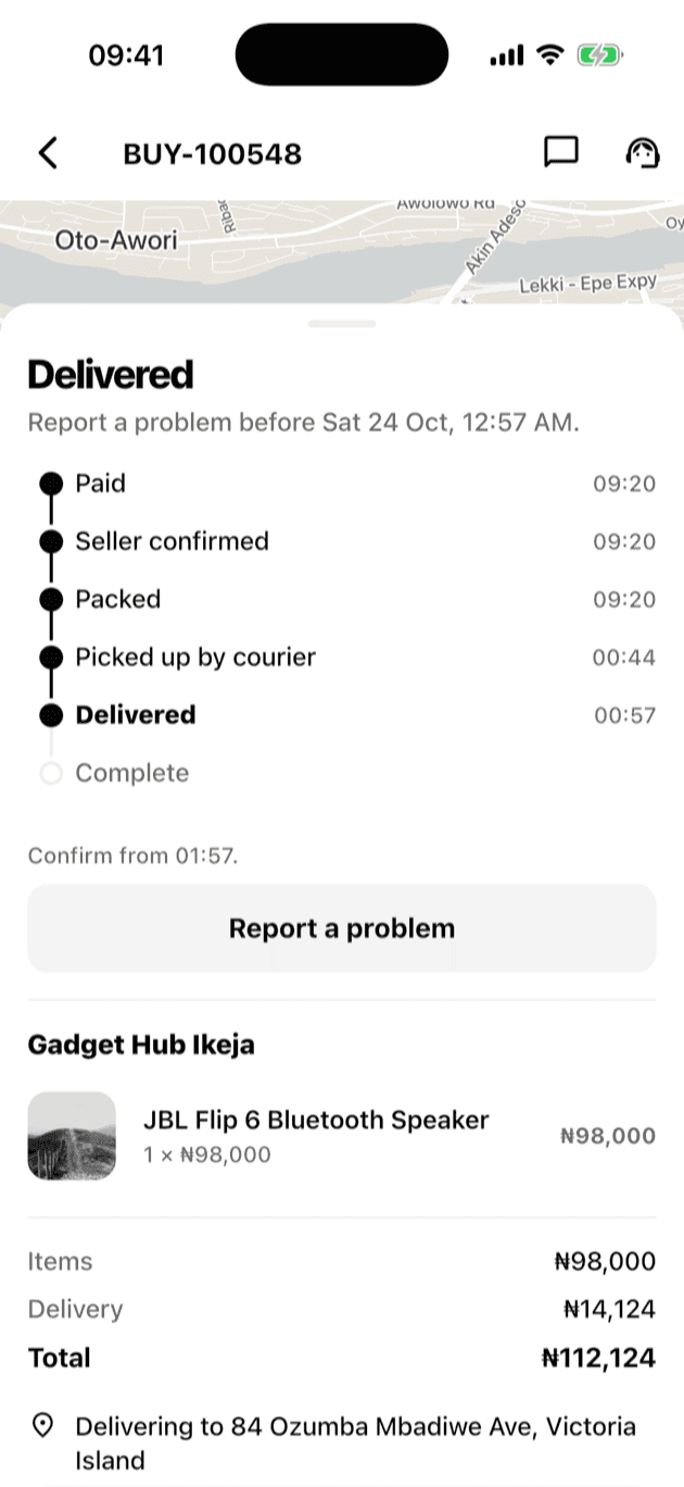 A Buy order on its way, with the timeline and the drop-off PIN