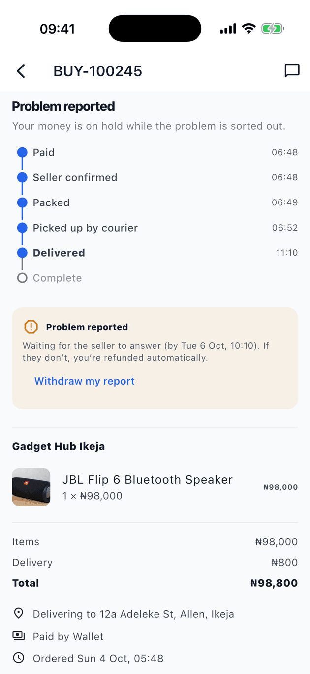 A reported problem: money on hold, automatic refund if the seller doesn’t answer